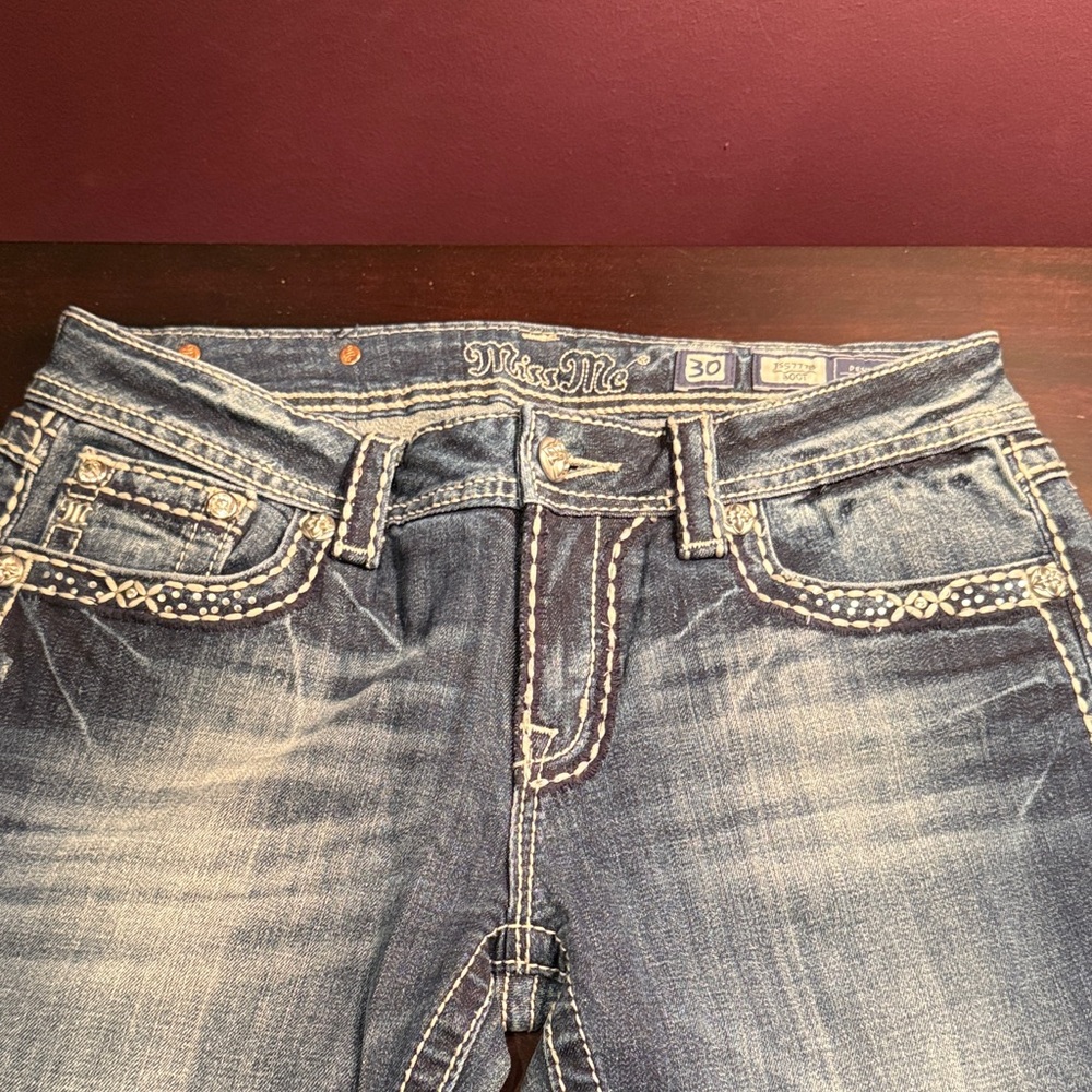 Miss Me Blue Boot Cut Jeans with White Stitching - Picture 2 of 8